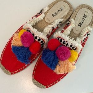 Soludos Coco Frayed Edge Pompom Espadrille 7.5 Colorful Pom Poms and Tassels